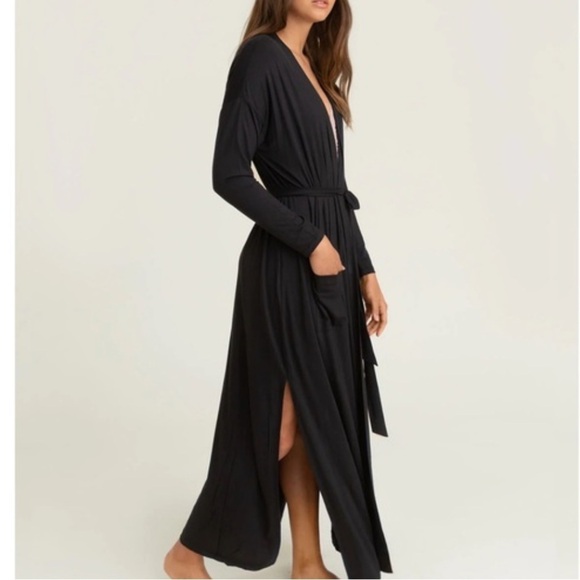 Halston Black Wrap Side Slit Maxi Sheer Dress Robe Swimsuit Cover S/M Pockets - Picture 2 of 8